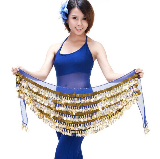 Пояс-платок для восточных танцев синий с монетками 10288 017