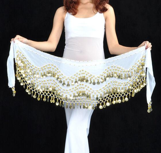 Пояс-платок для восточных танцев "Монеты" белый с золотыми монетами S12716 001