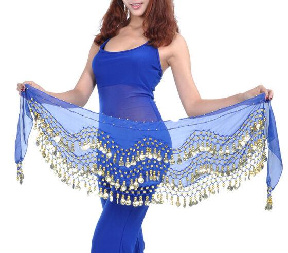 Пояс-платок для восточных танцев "Монеты" синий с золотыми монетами S12716 017